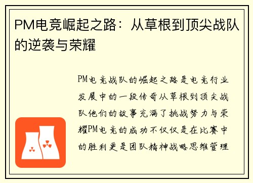 PM电竞崛起之路：从草根到顶尖战队的逆袭与荣耀