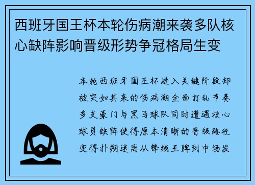 西班牙国王杯本轮伤病潮来袭多队核心缺阵影响晋级形势争冠格局生变